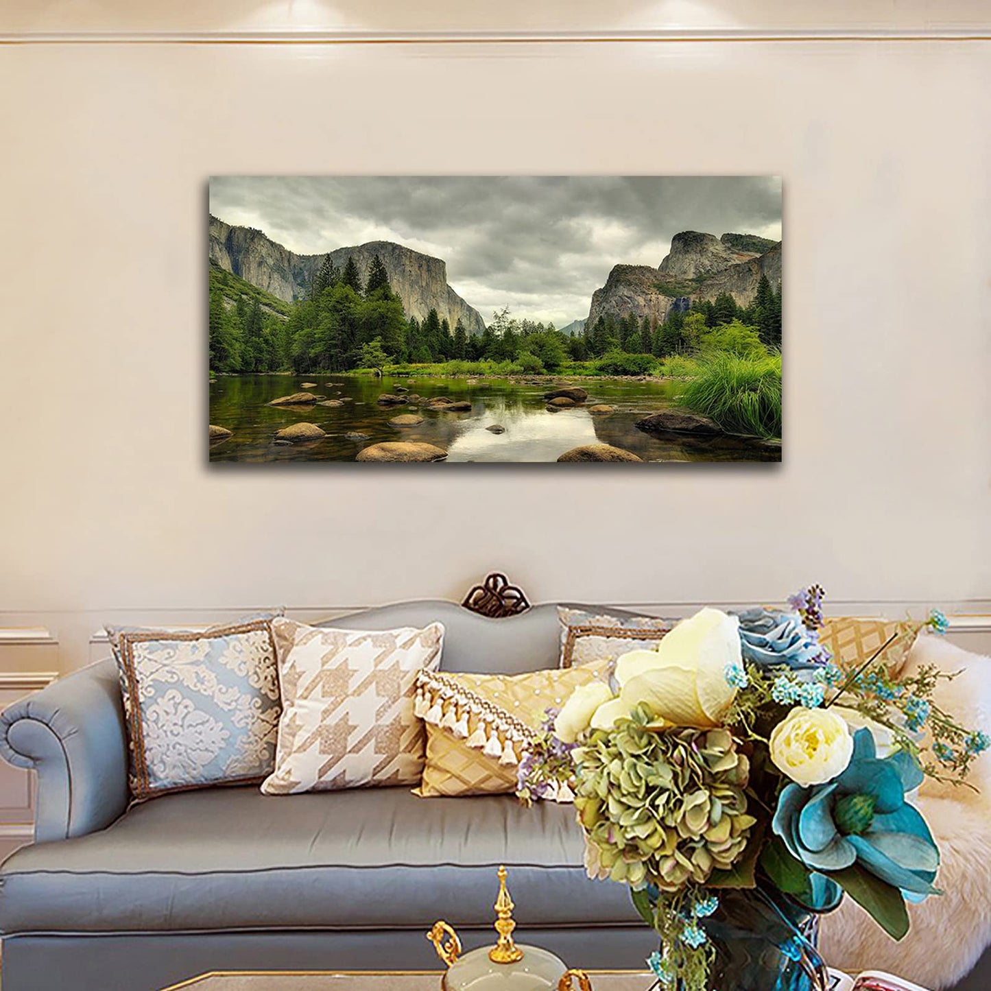 Yosemite Canvas Wall Art Green Mountain Clear Water Nature Pictures Wall Decor Yosemite National Park Scenery Canvas Painting Modern Forest Stream Landscape Canvas Print Artwork for Wall Decoration