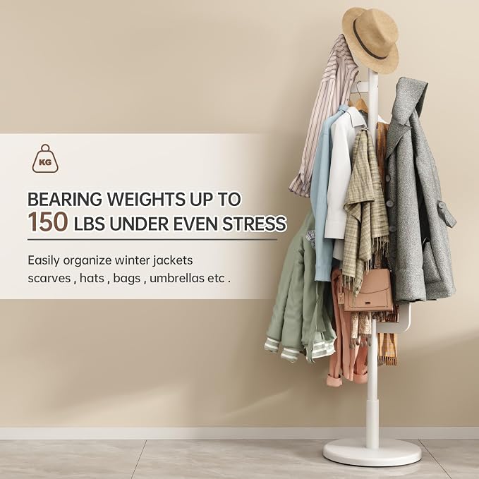 Muwuele Solid Wood Cactus Coat Rack, Freestanding Coat Rack With 6 L-Shaped Hooks and 3 Adjustable Sizes, Coat Tree for Bedroom, Entryway, Livingroom, Coat Hanger Stand for Coats, Handbags (White)
