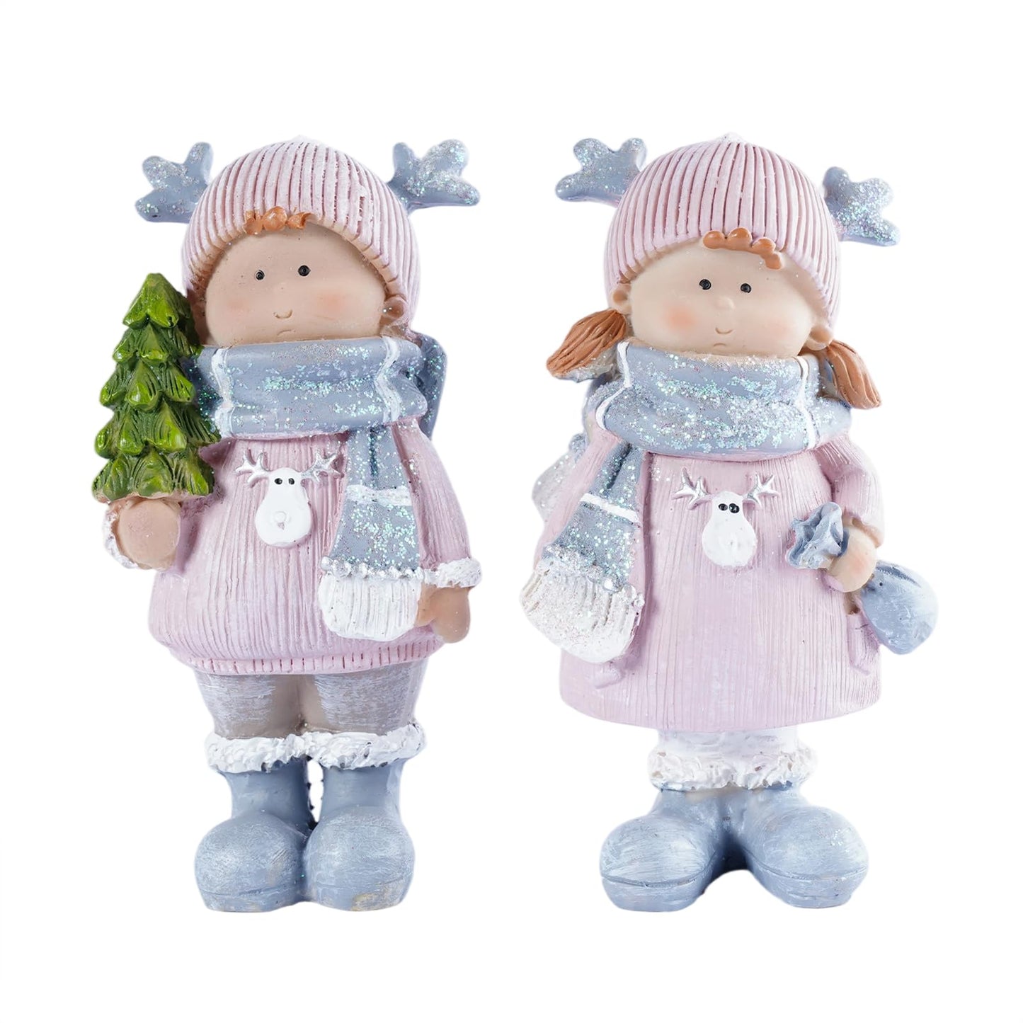 Brizoria Christmas Home Decor Cute Girl Dolls Set of 2 Resin Miniature Figurines with Reindeer Hats Winter Decorations for Home Mantel Tiered Tray Tabletop Christmas Decorations Indoor