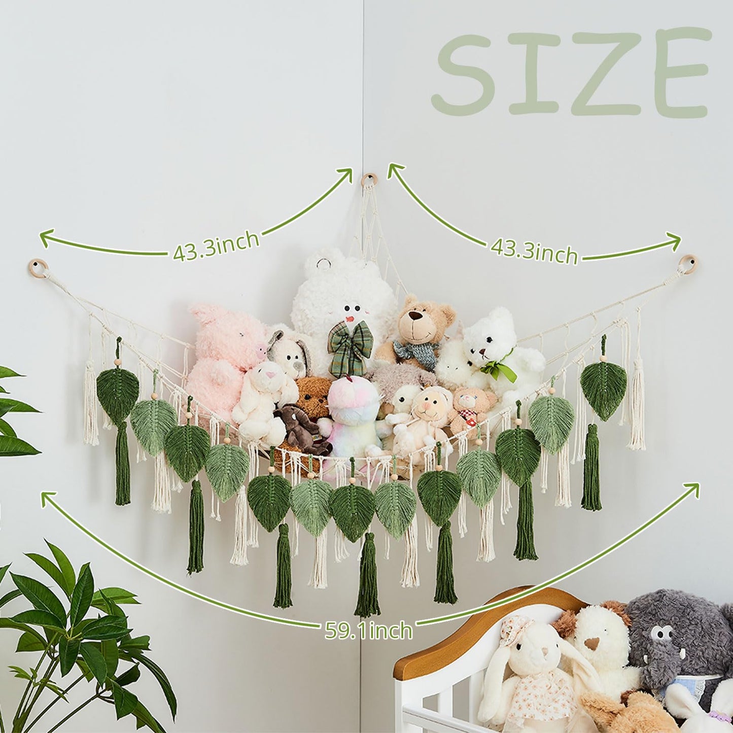 Pretty Jolly Stuffed Animal Storage with Hand Woven Leaf Tassels Hammock Corner Hanging Net Boho Macrame Plush Storage for Toys Kid Room Wall Nursery Decor for Girls Gift (Sage Green&Avocado Green)
