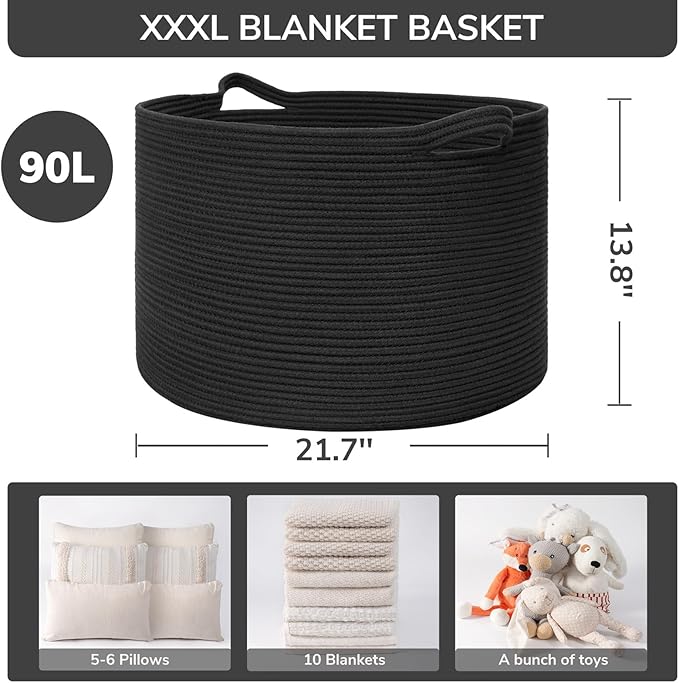 INDRESSME XXXLarge Blanket Basket 21.7" x 21.7" x 13.8" Woven Storage Baskets Soft Cotton Rope Toy Baskets Storage Kids Decorative Laundry for Home, Perfect for Living Room, Black