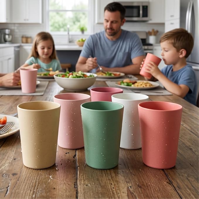 Wheat Straw & Bamboo Cups | Set of 6 Unbreakable 12oz Drinking Glasses, Premium, Reusable & Dishwasher Safe, 6 Vibrant Colors for Water, Juice or Coffee, Eco-Friendly Alternative to Plastic Glassware