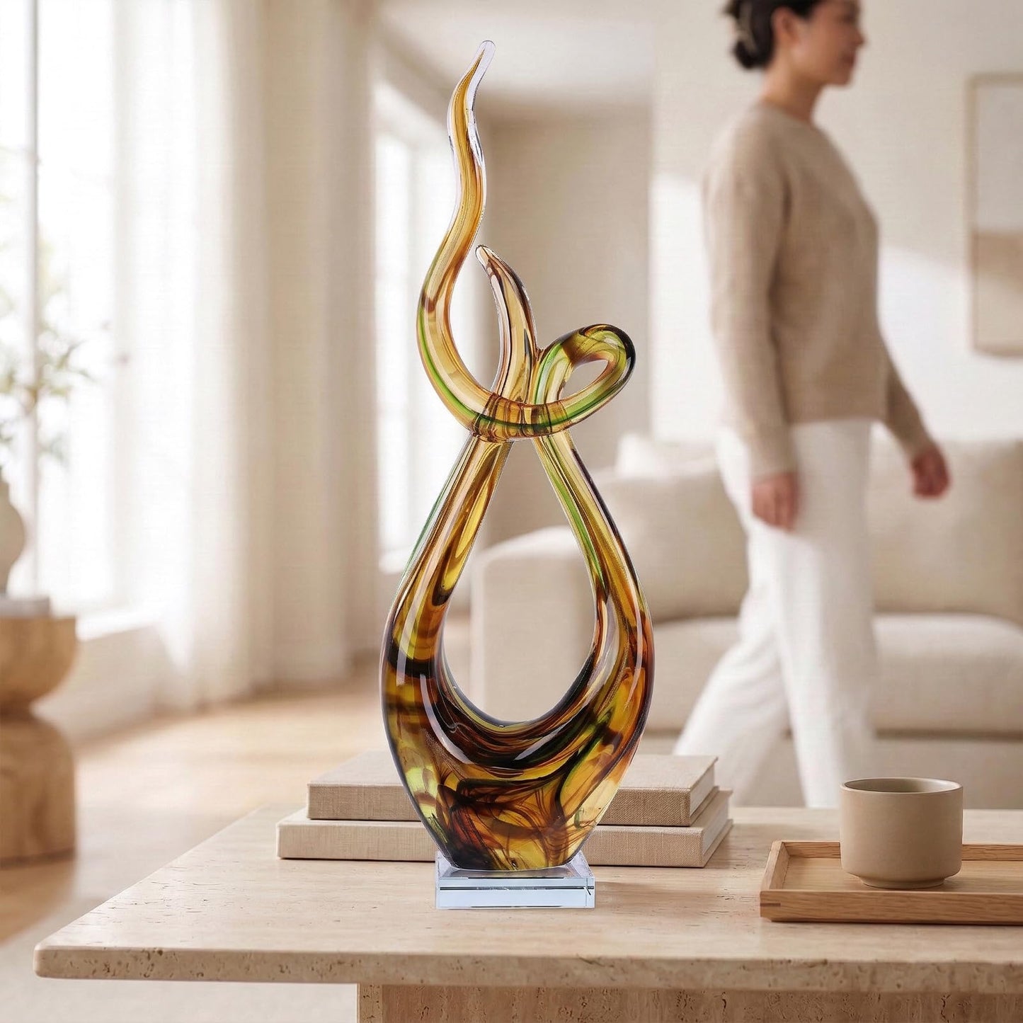 LCCCK 21.7in Tall Abstract Glass Sculpture Knot Spiral Statue, Amber Hand Blown Glass Art Decor for Home Living Room Bedroom Shelf Mantel Tabletop Display Decorative Figurine