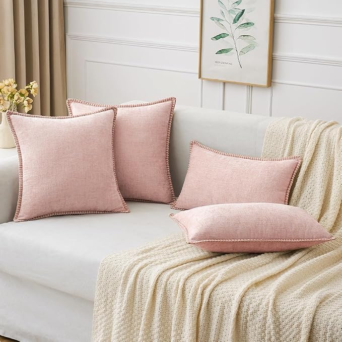 MIULEE Pack of 2 Couch Throw Pillow Covers 20x20 Inch Pink Farmhouse Decorative Pillow Covers with Stitched Edge Soft Chenille Solid Dyed Pillow Covers for Sofa Bed Living Room