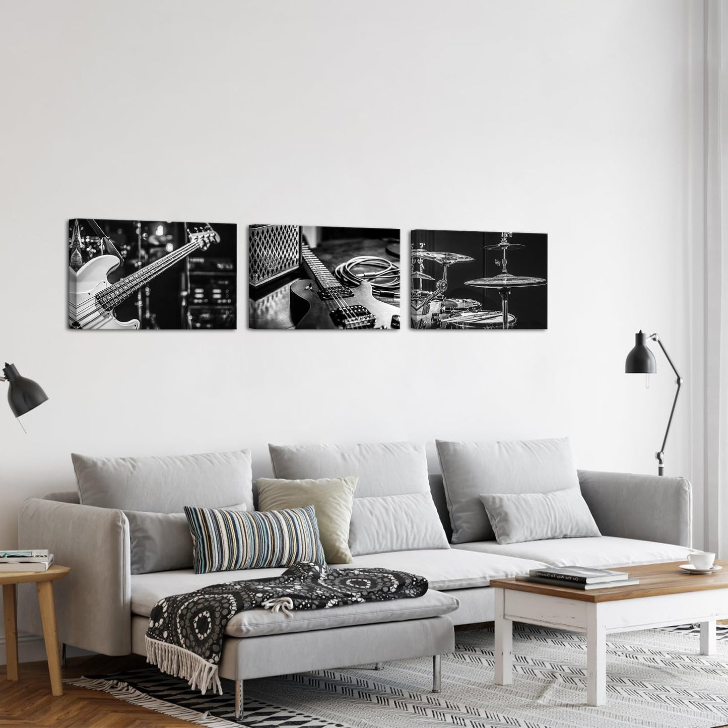 OuElegent Music Instrument Canvas Wall Art Rock and Roll Band Painting Black and White Guitar Drums Picture Prints Artwork for Home Decor 16"x24"x3 Pcs
