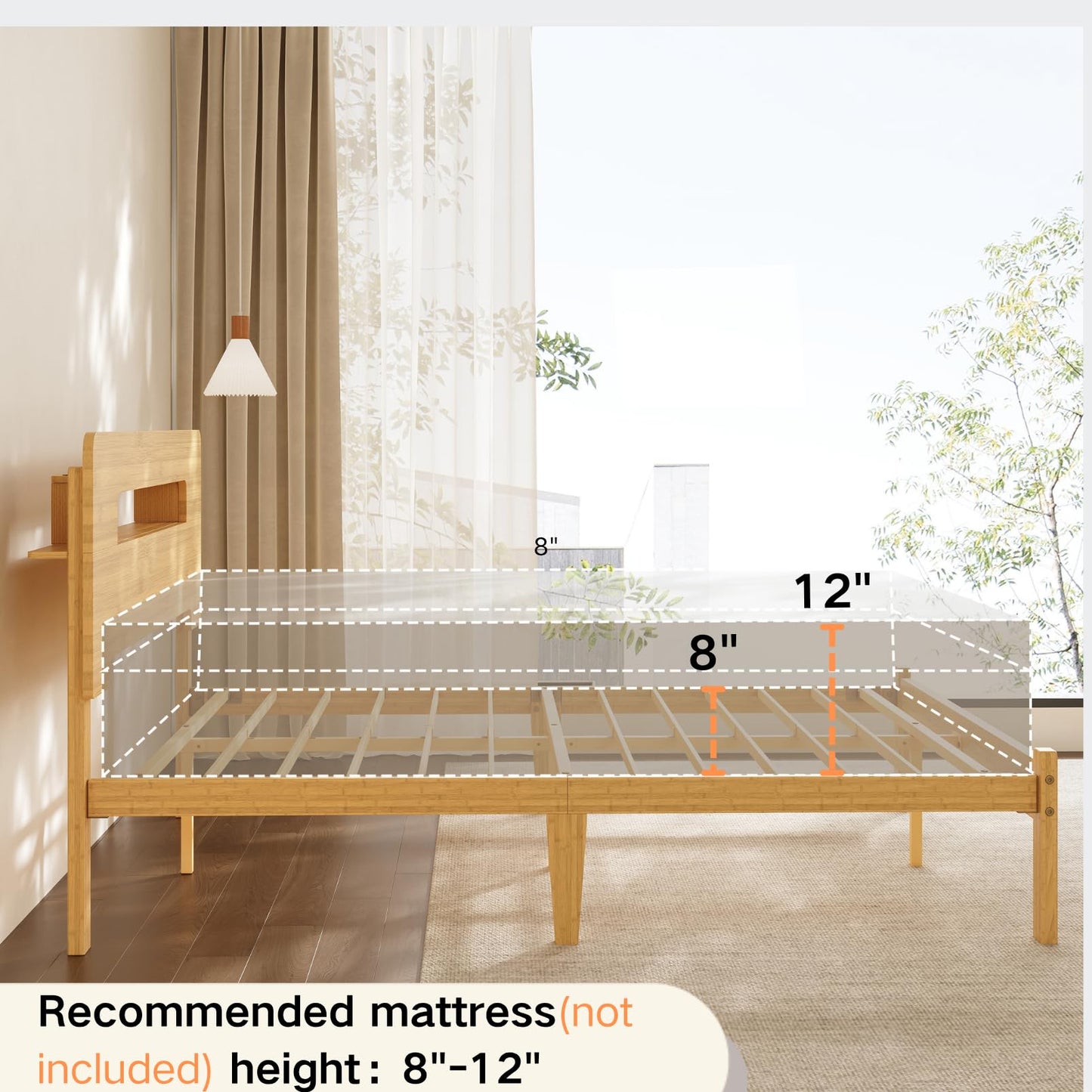 COMASACH Bamboo Wood King Size Bed Frame with Storage Headboard, 14 Inch High Solid King Platform Bed Frame, Metal Slats Support, Heavy Duty, No Box Spring Needed