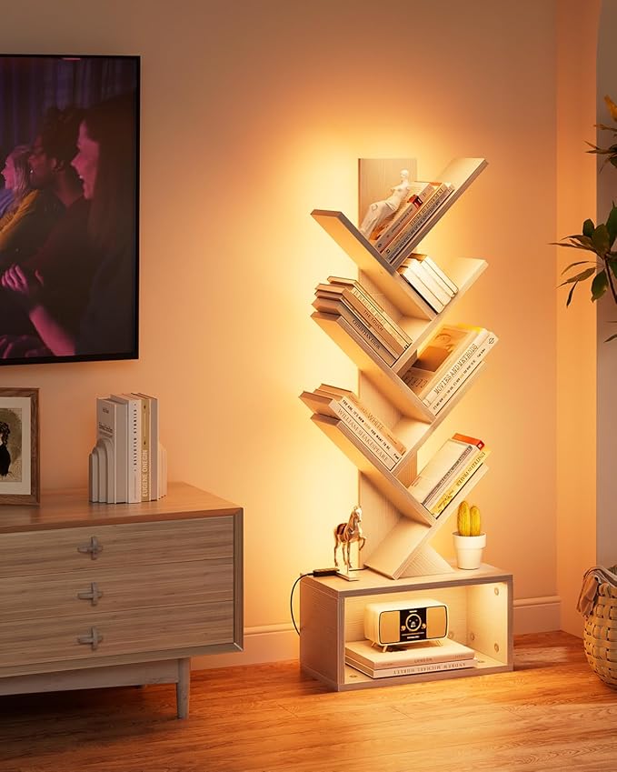 Evermagin 6 Tier Tree Bookshelf with Lights, LED Book Tree Bookcase with Storage Organizer, Small Corner Bookshelf Floor Standing Book Shelf for Living Room, Bedroom & Home Office, White