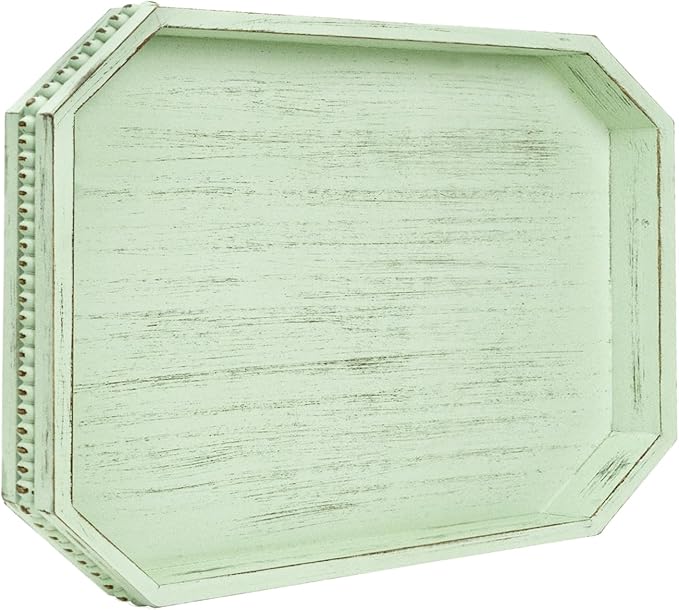 Wooden Decorative Tray, Rustic Sage Serving Tray with Wood Bead, Coffee Tabl, 16.5" x 13"x 1.6" (Sage Green)