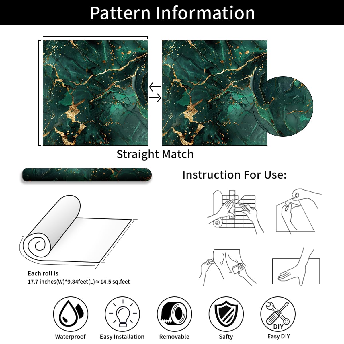 COKCOKR Emerald Gold Marble Art Wallpaper 17.71"x118.1"Vinyl Waterproof Removable Self Adhesive Contact Paper Aesthetic Wallpaper for Bathroom Countertops, Kitchen, Bedroom Background Walls