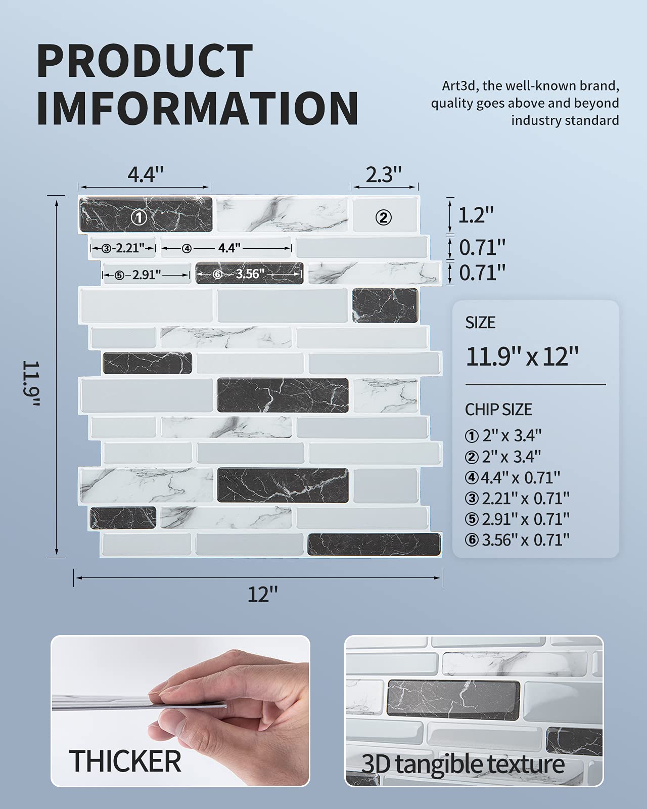 Art3d Thick Peel-and-Stick Kitchen Backsplash Tile, 10-Sheet Marble Design Self Adhesive Wall Tiles for Kitchen Bathroom Back Splash - Grey