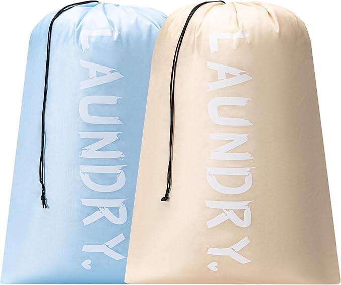2 Pack XL Travel Laundry Bag, Machine Washable Dirty Clothes Organizer with Drawstring,Large Enough to Hold 4 Loads of Laundry, Easy Fit a Laundry Hamper or Basket Travel Essentials 24" x 36"