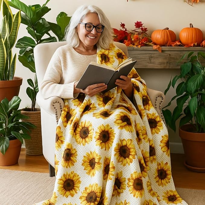Serafina Home Summer Sunflower Throw Blanket: Beautiful Fleece Flowers with Yellow Brown White Accents, 50" x 60", for Couch, Bed, Travel