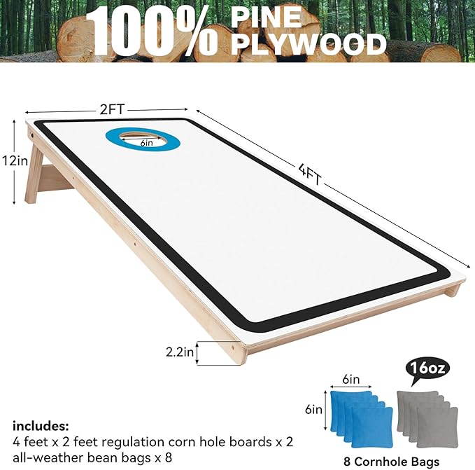 Cornhole Board Set - No Bounce,Regulation Size 4x2 ft,Made of 1/2" Pine Plywood,UV Printing Includes 8 Bean Bags and 2 Cornhole Boards,Perfect for Outdoor Games and Gatherings