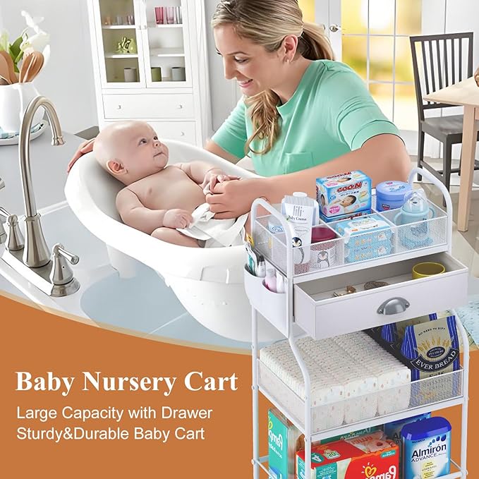 Baby Diaper Caddy Cart Organizer -3 Tier, Bedside Nursery Essentials Organizer & Storage Holder for Newborn Baby Stuff, 2+1 Dividers, 1 Drawer,Rolling Utility Cart for Bedroom,Changing Table, Crib.