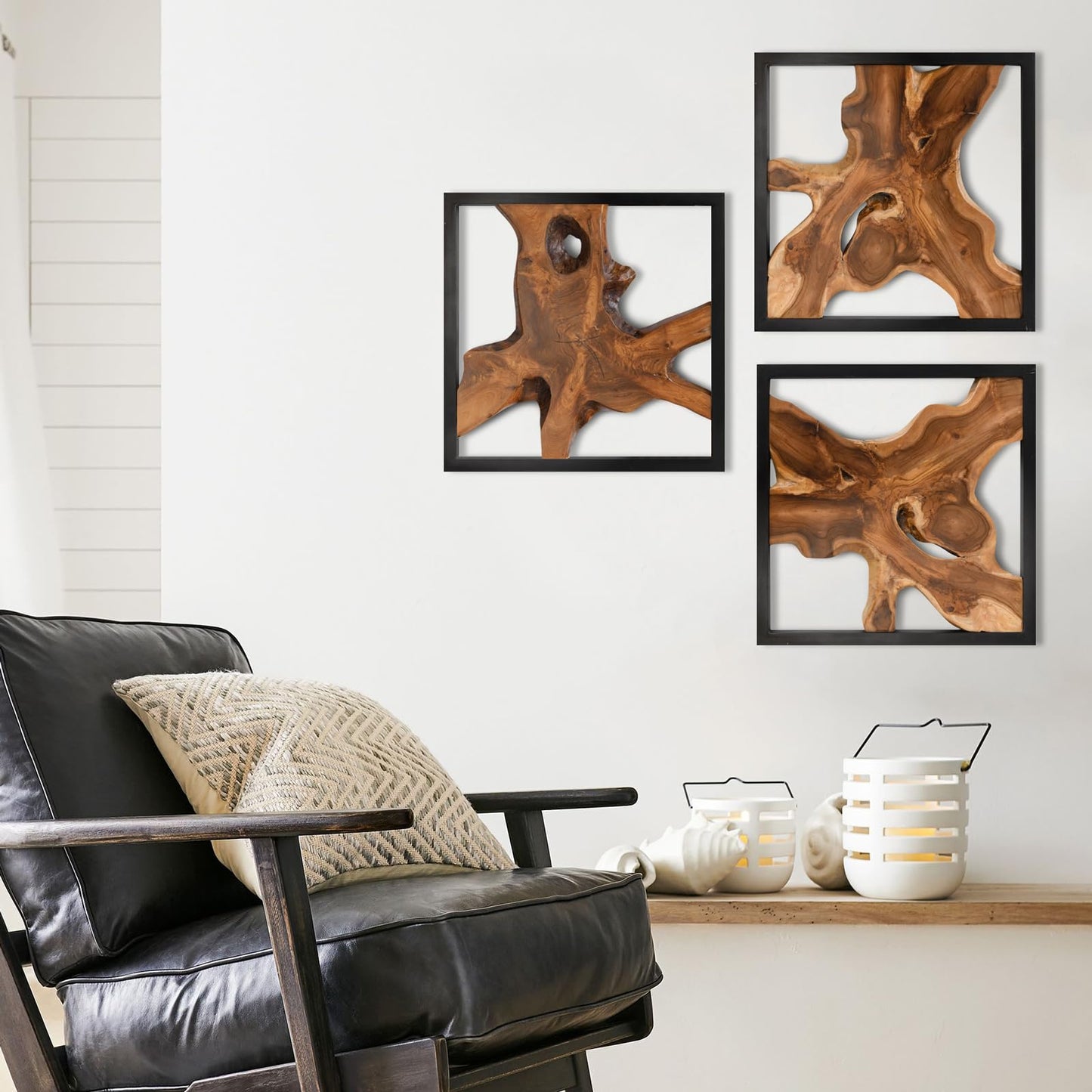 JOLLYMER Live Edge Teak Wood Wall Decor, Rustic Wooden Wall Art, Handcrafted Home Decoration for Living Room Bedroom Office, 17"x17" Black Frame