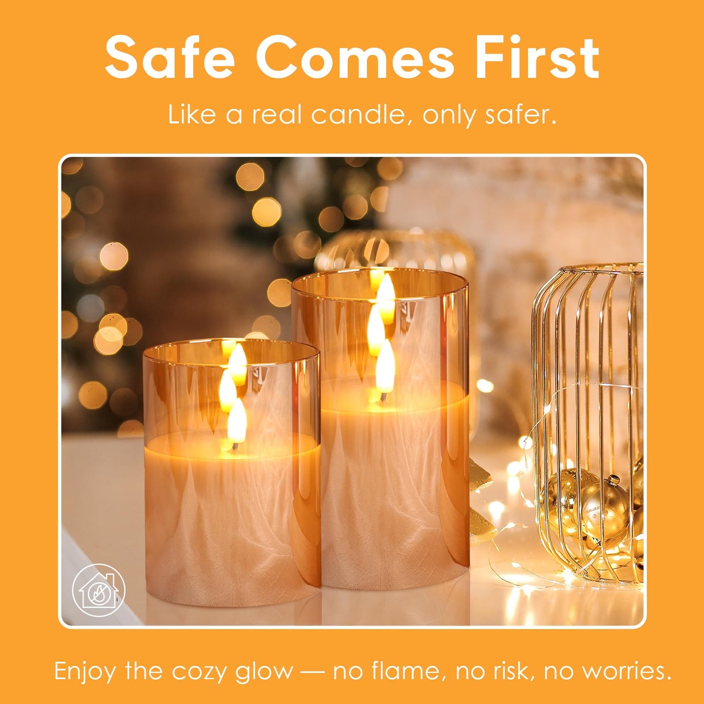 Eywamage Gold Glass Flameless Pillar Candles with Remote, Flickering Christmas LED Candles Battery Operated Set of 3