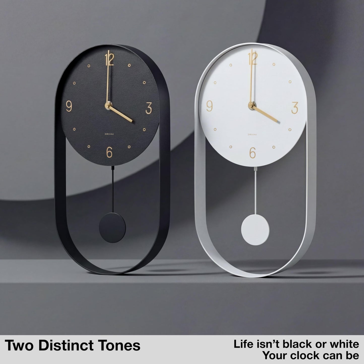 Driini Modern Pendulum Wall Clock - Black and Gold Decorative Wall Clock with Pendulum - Modern Minimalist Metal Wall Clock for Living Room Décor - Silent Battery Operated Wall Clock