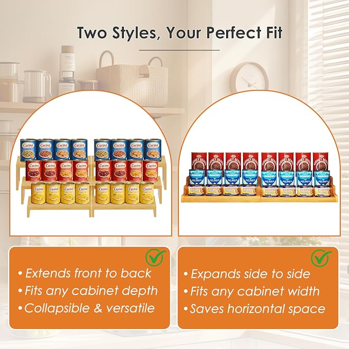 2 Sets Bamboo Can Organizer for Pantry, 3-Tier 6-Piece Adjustable Cabinet Can Display Rack, Soda Can Organizer Holds Up to 31 Cans, Canned Goods Storage Holder for Pantry, Cabinet, Countertop