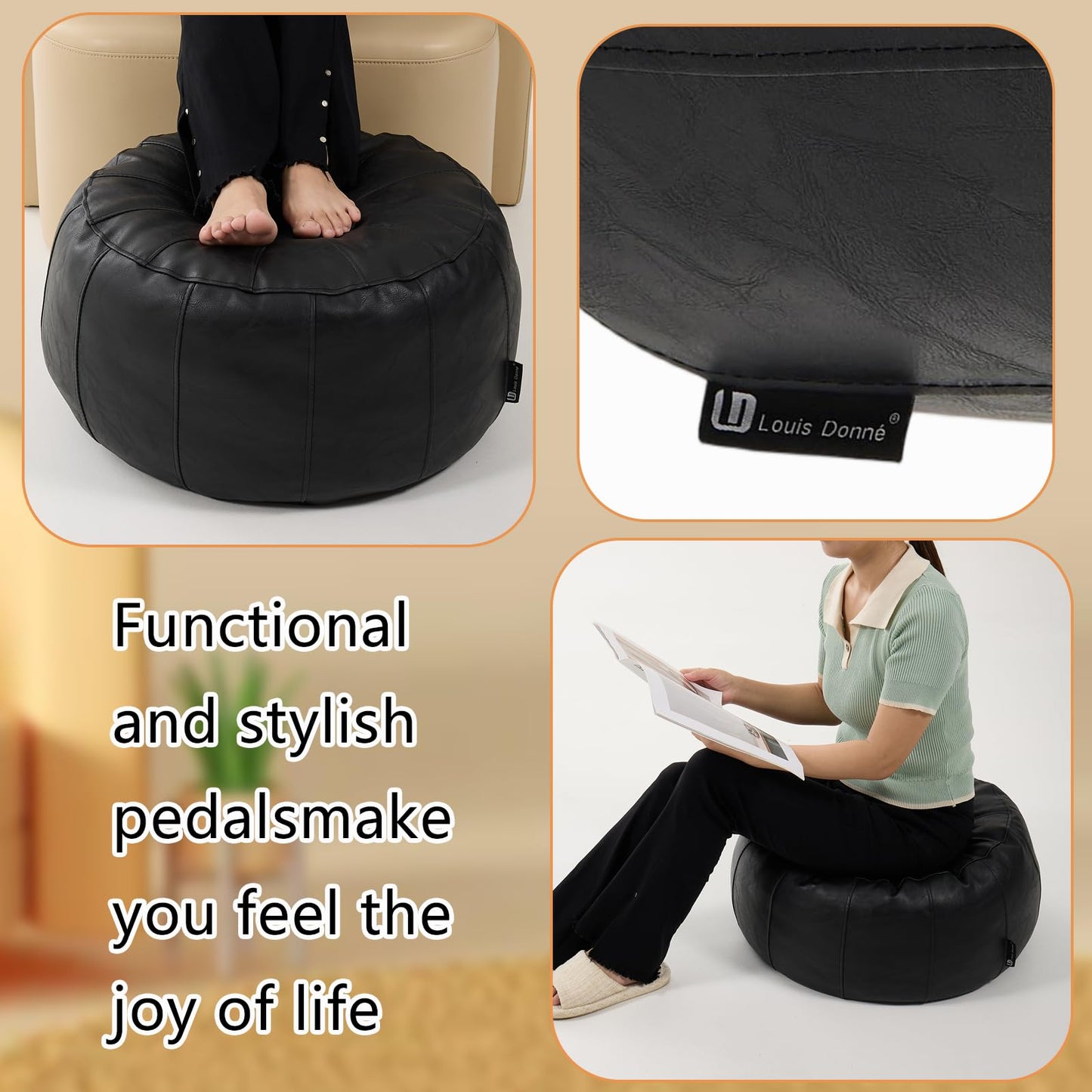 Louis Donné Unstuffed Pouf Ottoman Cover, Handmade Faux Leather Moroccan Pouf Ottoman Footstool, Floor Footrest Cushion, 21x12inch Black Storage Solution Poufs for Lving Room Gifts, ONLY Cover