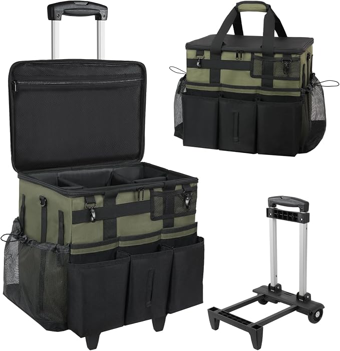 Rolling Cleaning Caddy Bag with Detachable Trolley, Large Cleaning Supplies Organizer with Wheels, Multi-Pocket Cleaning Cart with Adjustable Shoulder Strap for Housekeepers & Home Use, Armygreen