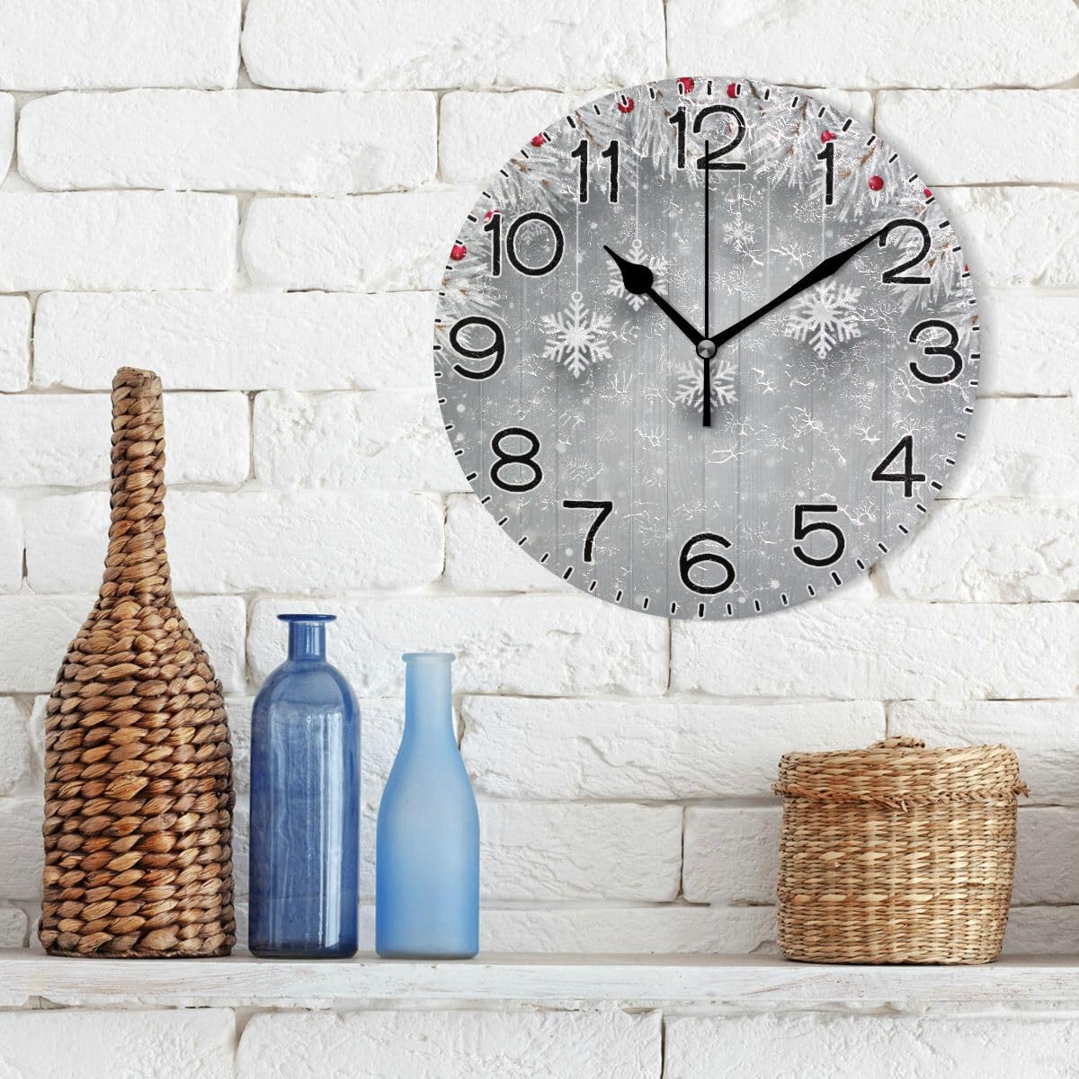 ALAZA Silver Christmas Tree Snowflake Wall Clock Battery Operated Non Ticking Silent Quartz Analog Rustic Farmhouse Round Clock Retro Decor for Home Kitchen Living Room Bathroom