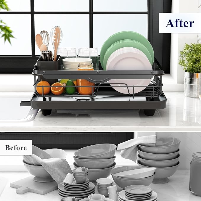 Kitsure Dish Drying Rack for Kitchen Counter, Stainless Steel Sink Organization and Storage Essentials with Cutlery Holder, Home and Appartment Decor, 12.2''W x 15.7''~23''L, Black