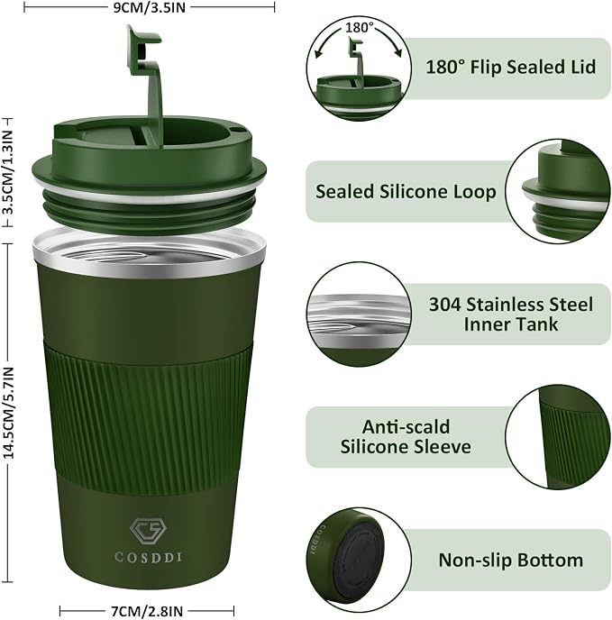CS COSDDI 12 oz Stainless Steel Vacuum Insulated Tumbler - Coffee Travel Mug Spill Proof with Lid - coffee Cup for Keep Hot/Ice Coffee,Tea and Beer (3rd Green)