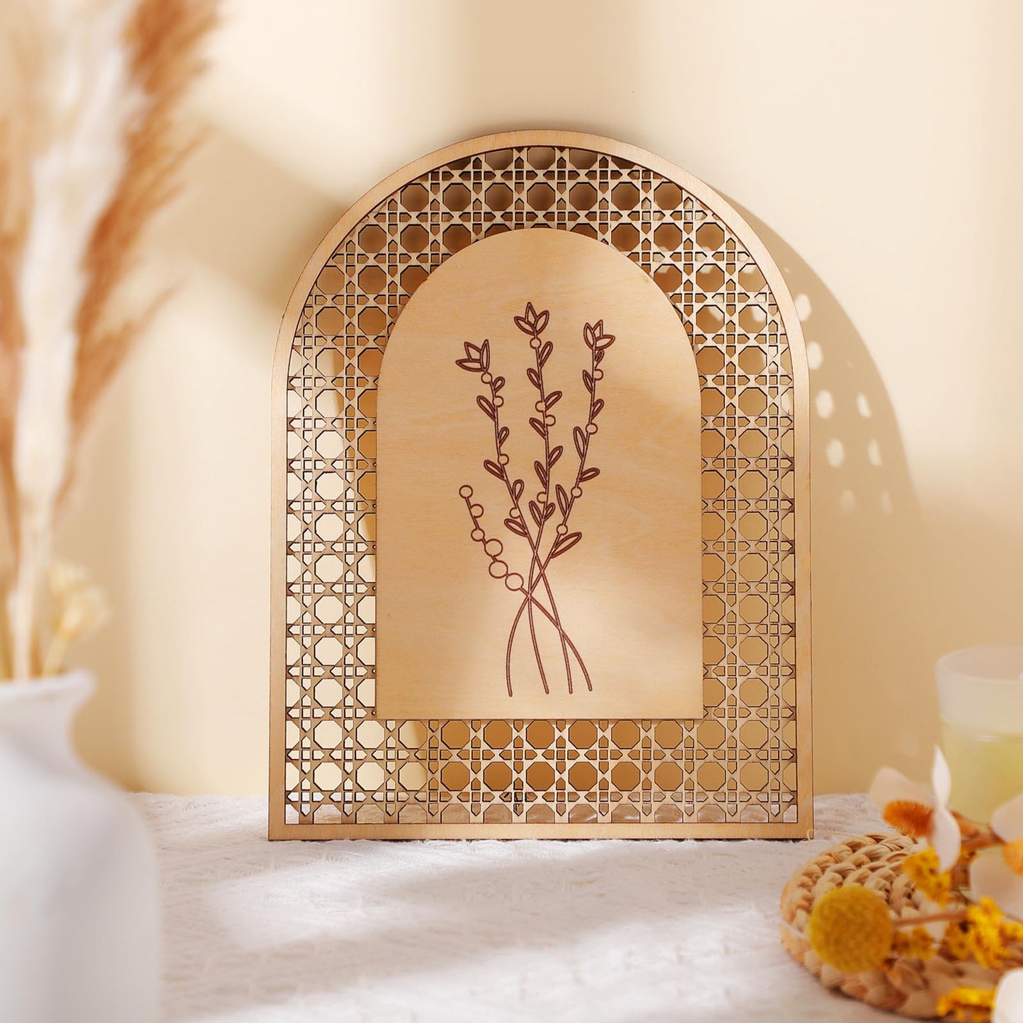 Wesiti 4 Pcs Rattan Wooden Boho Wall Decor Floral Natural Room Wall Art Aesthetic Nursery Farmhouse Hanging Decor for Bedroom Living Room Office
