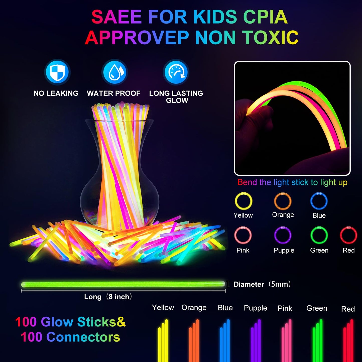 OLUPP 150 PCS Glow in the Dark Party Supplies, 16 Foam Sticks, 16 LED Glasses, 100 Glow Sticks and 18 Finger Lights for Neon Party, Wedding, Birthday, Concert, New Year, Carnivals, Raves