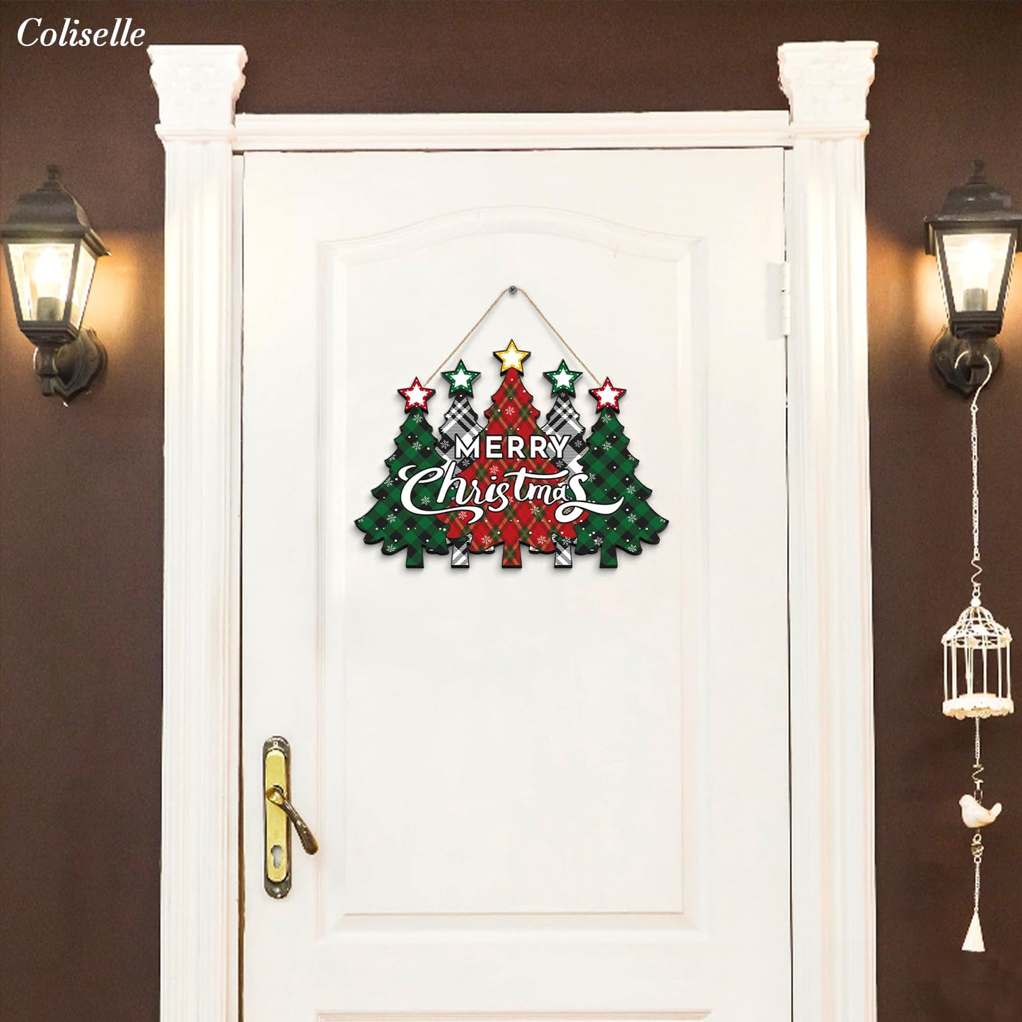 Wooden Merry Christmas Door Sign,Christmas Tree Door Wreath for Front Sign Wall Signs,Decoration Farmhouse Hanging Plaque,Hanging for Home Wall Decor Party(Red)
