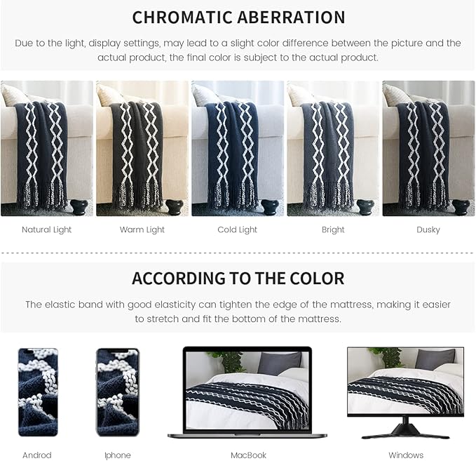 BOURINA Fluffy Chenille Knitted Fringe Throw Blanket Lightweight Soft Cozy for Bed Sofa Chair Throw Blankets, Navy 50" x 60"