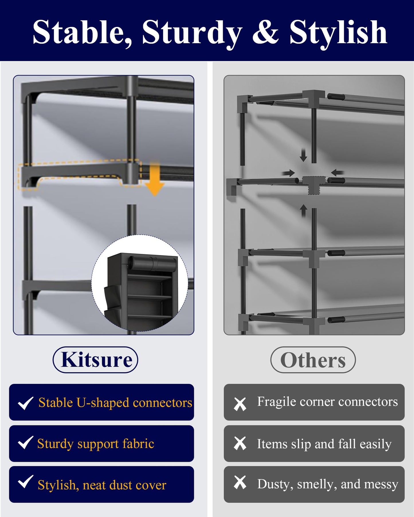 Kitsure Shoe Rack - 10-Tier Large Capacity Shoe Organizer Shelf with Dust Cover & Side Pockets, Rust-Proof Metal Shoe Rack for Closet, Entrance, Living Room, 17.5" x 12.4" x 69.3", Black