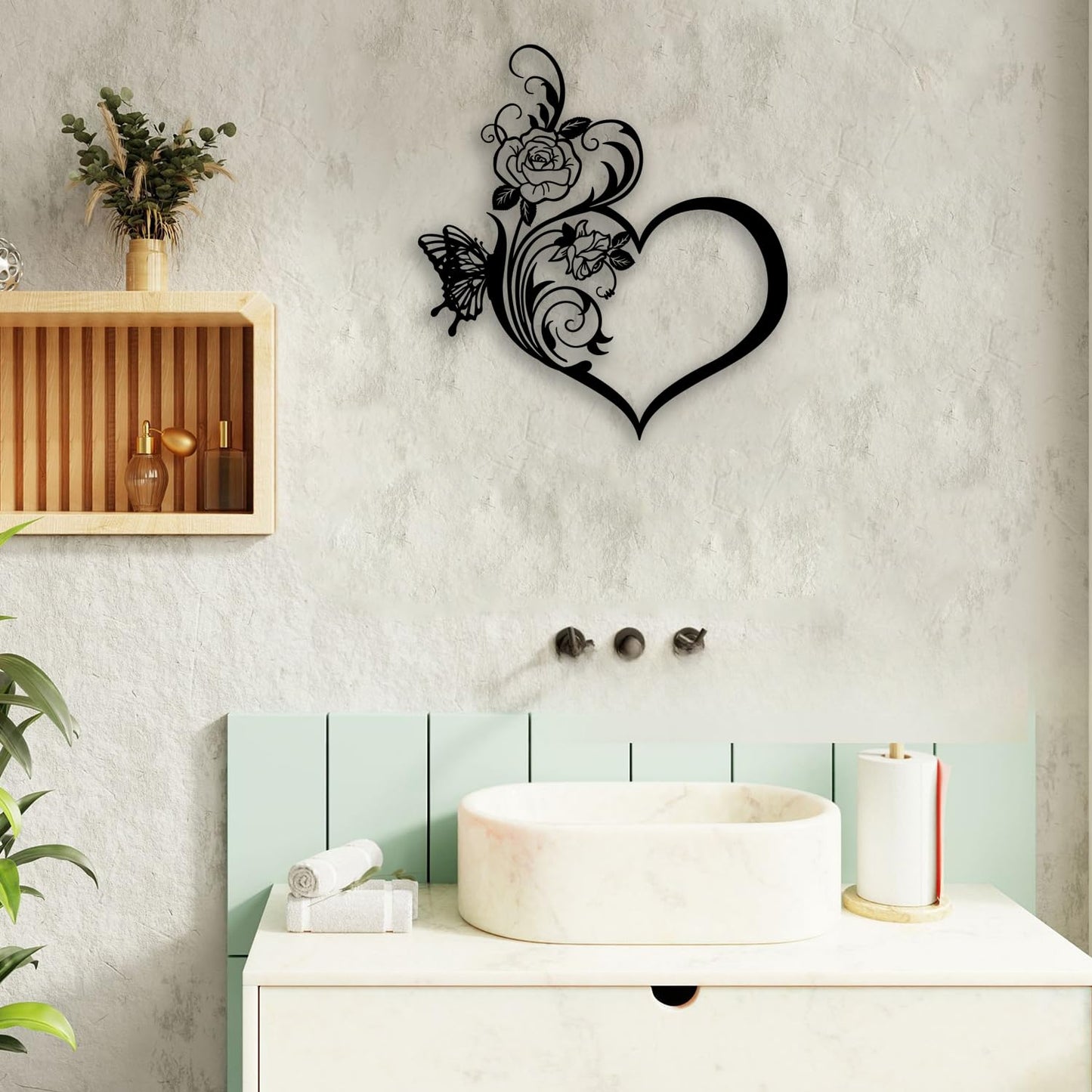 Love Heart Rose Butterfly Metal Wall Decor - Elegant Room Decor Wall Art Home Decor for Living Room, Bedroom, Dining Room, Bathroom, Office (Black)