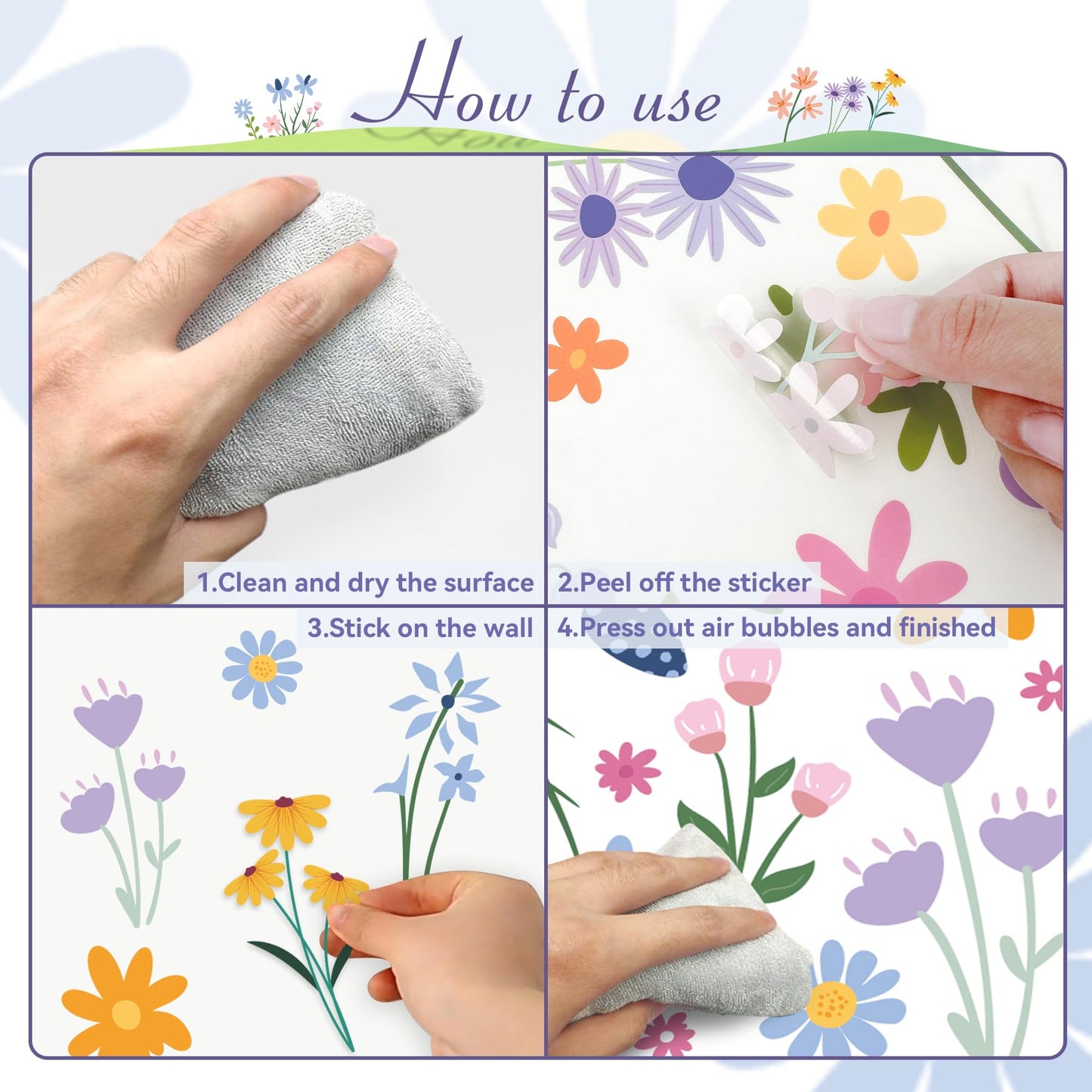 Flower Wall Decals - 8 Sheets 102 Pcs Spring Themed Wildflower Wall Stickers Peel and Stick Fairy Floral Wall Decor for Girls Bedroom Living Room Nursery Home