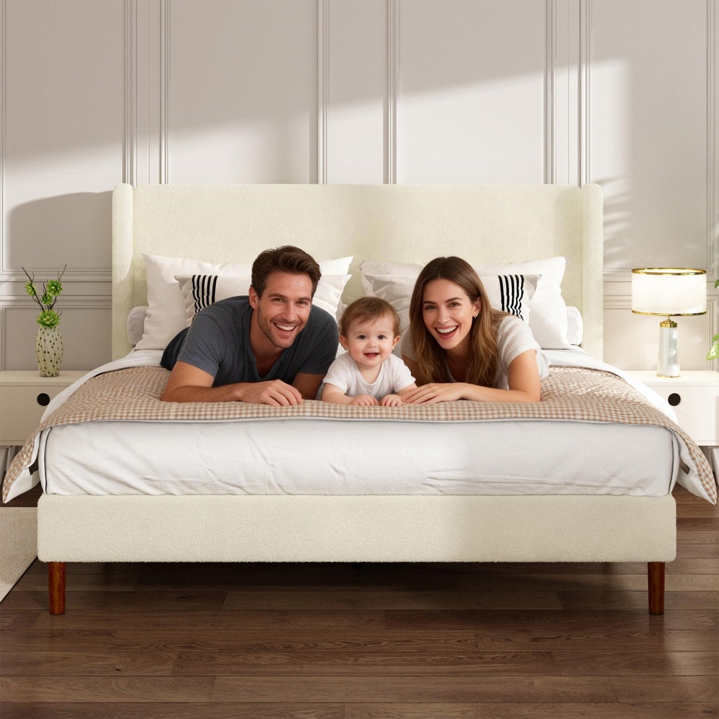 Mxhtcewz Queen Boucle Bed Frame, Platform Bed with Upholstered Wingback Headboard, Strong Wooden Slats Support, Noise-Free, Easy Assembly, No Box Spring Needed, White