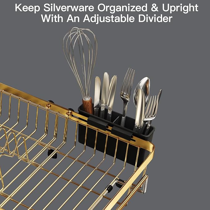 MAJALiS Gold Dish Drying Rack Over The Sink with Utensil Holder, Mat | Expandable Stainless Steel Dish Drainer for Small Kitchen, Apartment, RV, Counter Space Saving, Perfect Fit, Rustproof