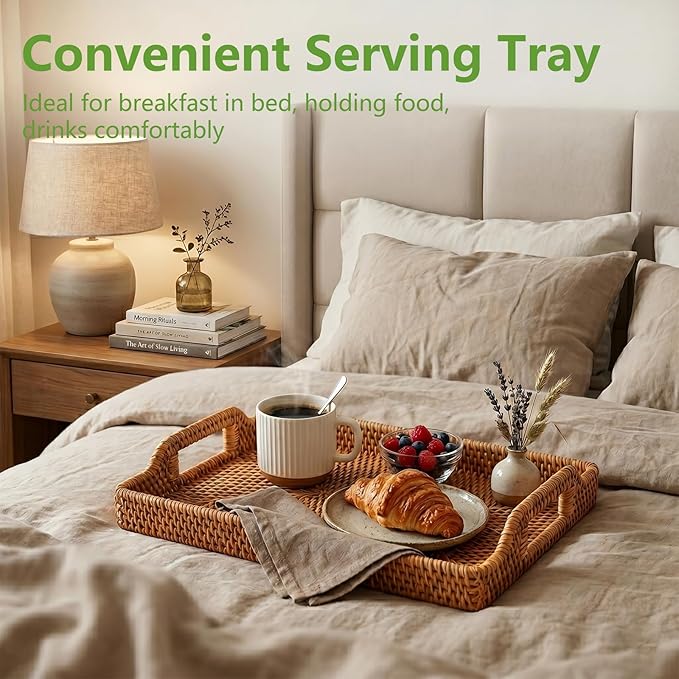 Rattan Serving Tray with Handles, Natural Woven Wicker Tray, Rattan Serving Rectangle Wicker Trays for Decor Coffee Table Breakfast (14.5" × 10")