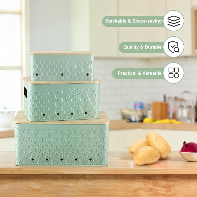 Kitchen Vegetable Storage Set of 3, Metal Onion Garlic Potato Storage Set, Kitchen Canisters Vegetable Keeper Containers with Aerating Holes and Bamboo Lid,Embossed Saga Green