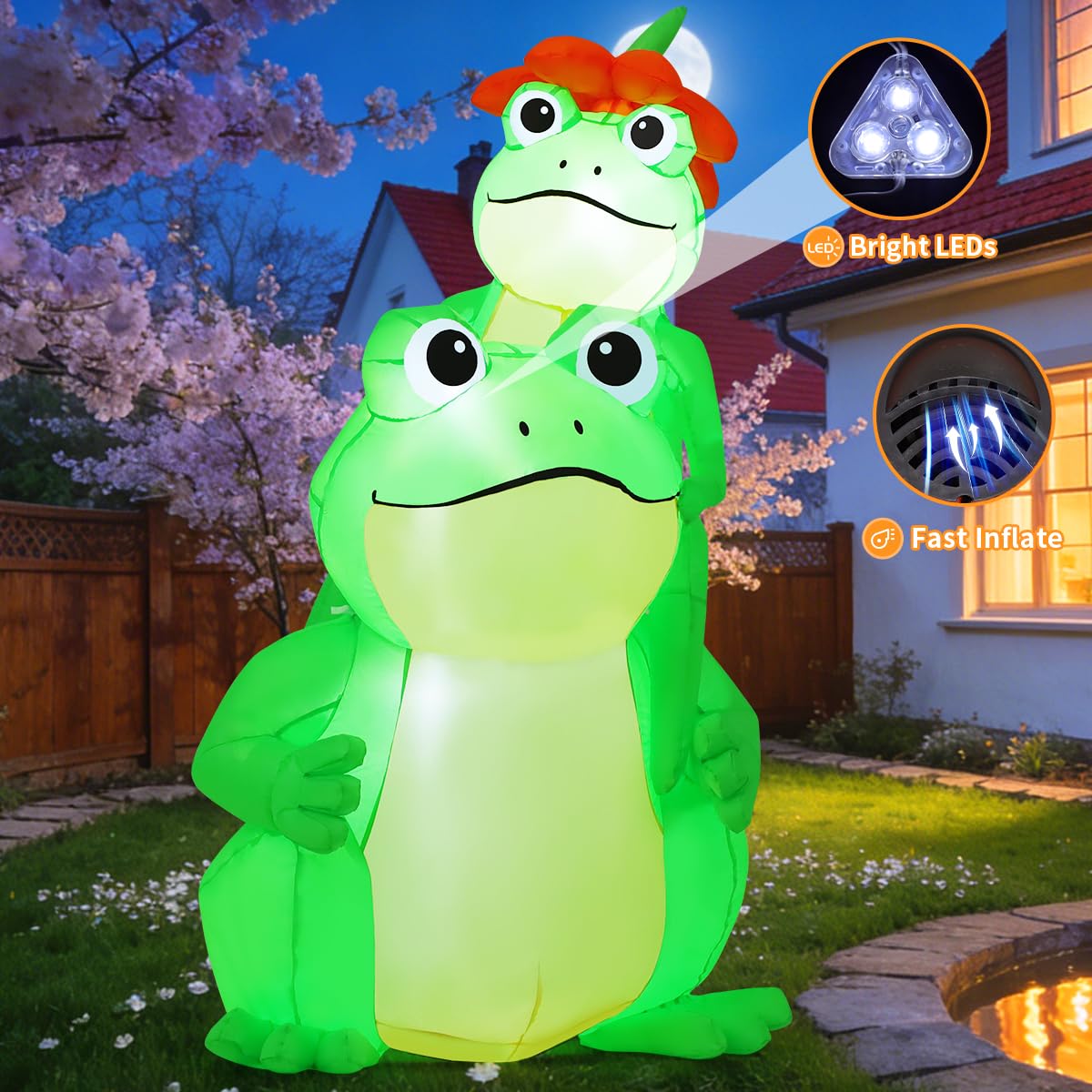 GOOSH 5 FT Summer Inflatables Frogs Decorations Blow Up Yard with Flower Built-in LEDs for Garden Lawn Indoor Party Decor