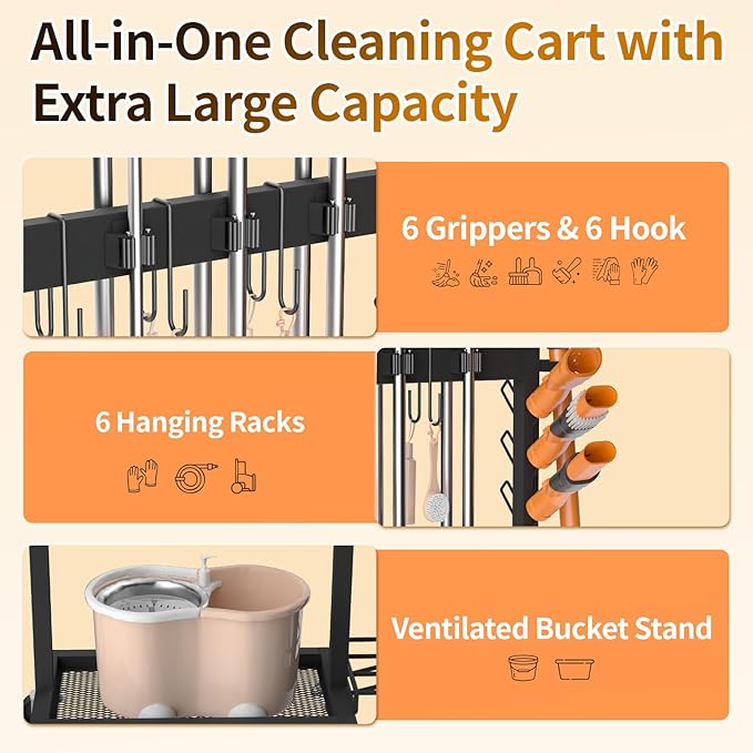 Broom Holder with Cleaning Supplies Organizer Load 160 LBS Cleaning Cart with Wheels Broom Closet Storage with 6 Mop Hanger Grippers, 3 Double-Hooks, Vacuum Stand for Laundry Garage Organization