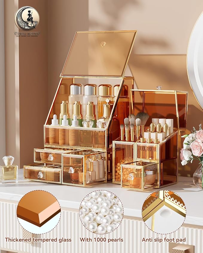 CoralHouse Amber Glass Makeup Organizer with Lid, 3-Piece Vanity Organizer with Gold Frame, Cosmetic Display Case for Skincare, Perfume, Lipsticks, Brushes, Bathroom Countertop & Dresser