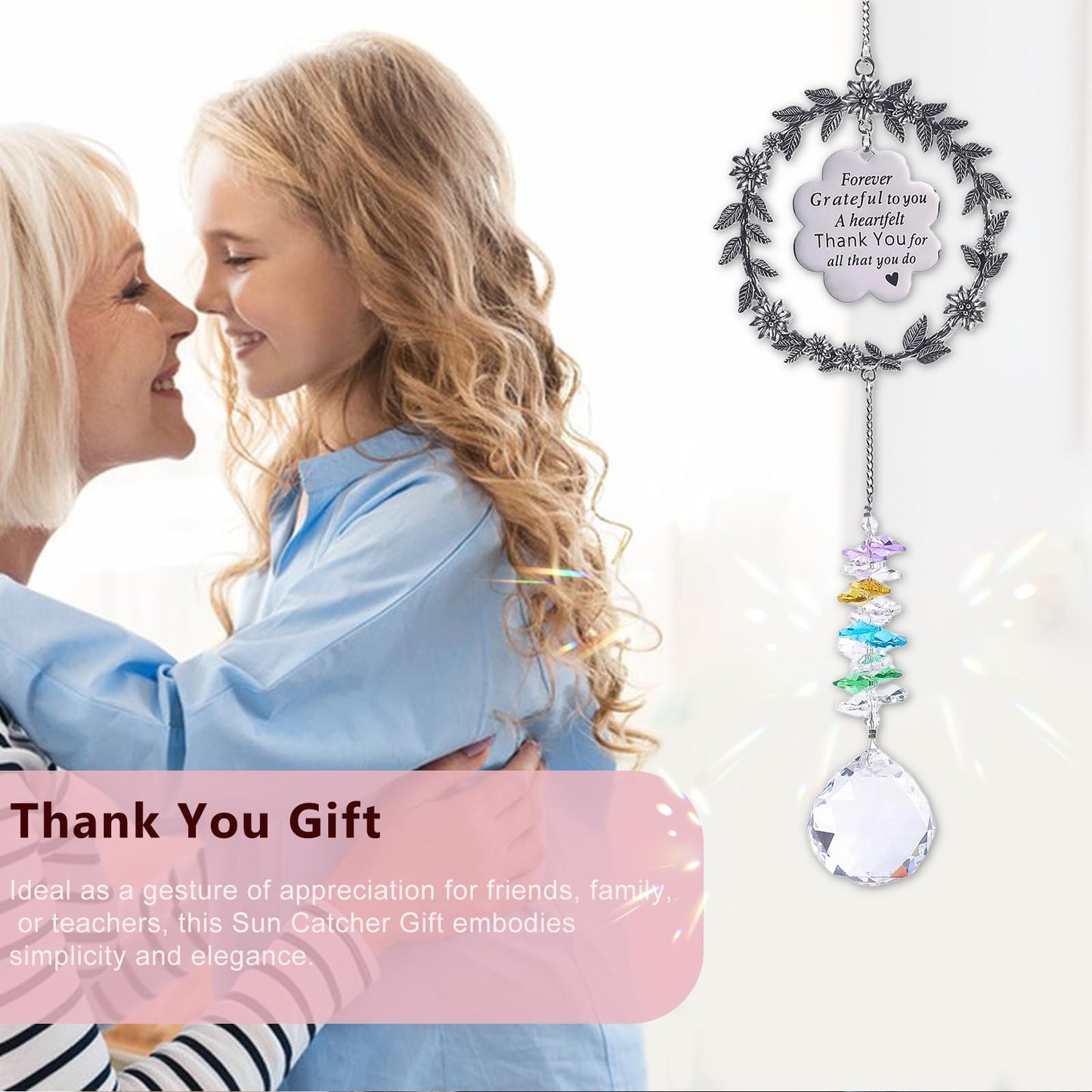 Hanging Crystal Sun Catcher, Thank You Gifts for Women, Sun Catcher Gift with Engraved Thank You Message for Window Rainbow Maker, Gratitude Gifts for Teachers, Friend, Family, Thanksgiving