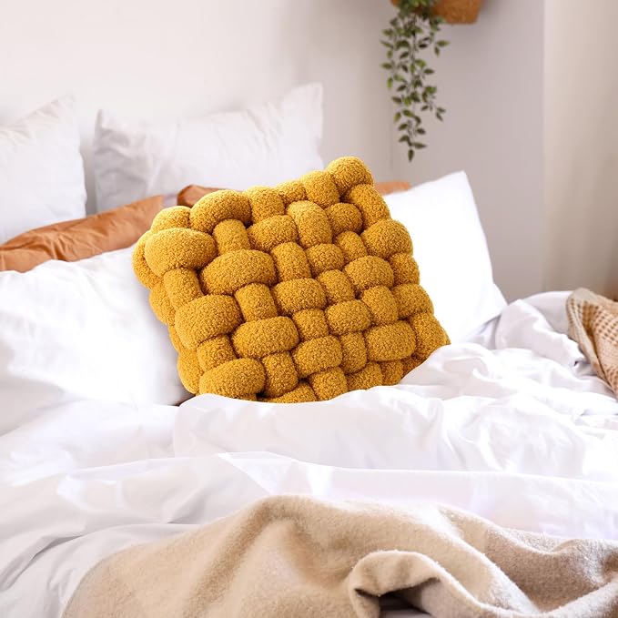 Wenqik 2 Pcs Knot Pillows Square Knotted Plush Throws Soft Accent Pillows Decoration Cushion for Couch Home Office Living Room Bedroom Bed Sofa Decor, 12'' x 13''(Ginger Yellow,Lambswool)
