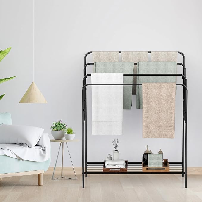 44" Extra Large Free Standing Towel Rack - 4 Tier Outdoor Pool Towel Holder, Versatile Blanket and Quilt Rack Stand for Living Room, Bathroom, Bedroom, Beach, Hot Tub, Gym and Pool Area Outside