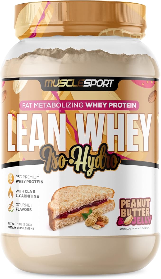 Musclesport Lean Whey Revolution?? Whey Protein Isolate with Hydrolyzed Whey - Low Calorie, Low Carb, Low Fat, Incredible Flavors - 25g Protein per Scoop (2LB, Peanut Butter & Jelly)