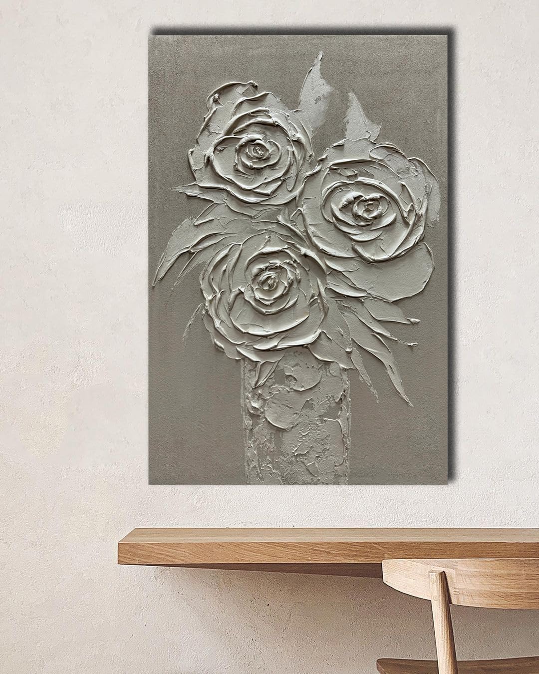 moshinart 24 x 36in Hand-Painted Oil Painting 3D Texture Black White Grey Modern Minimalist Black Abstract Wall Art, Home Office Wall Decoration White Rose