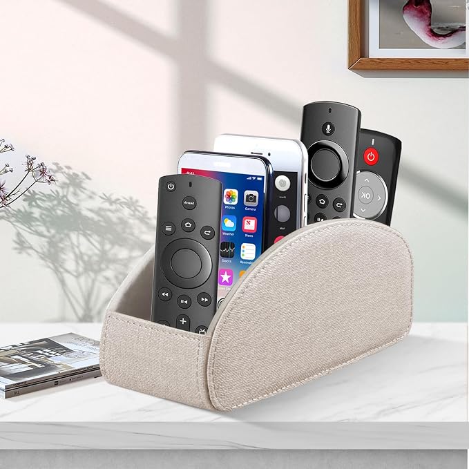 Remote Control Holder PU Leather TV Remote Caddy for Table 5 Compartments Nightstand Organizer for Bedroom Accessories/Bedside Remotes/Media Controllers/Office Supplies Decorations for Living Room