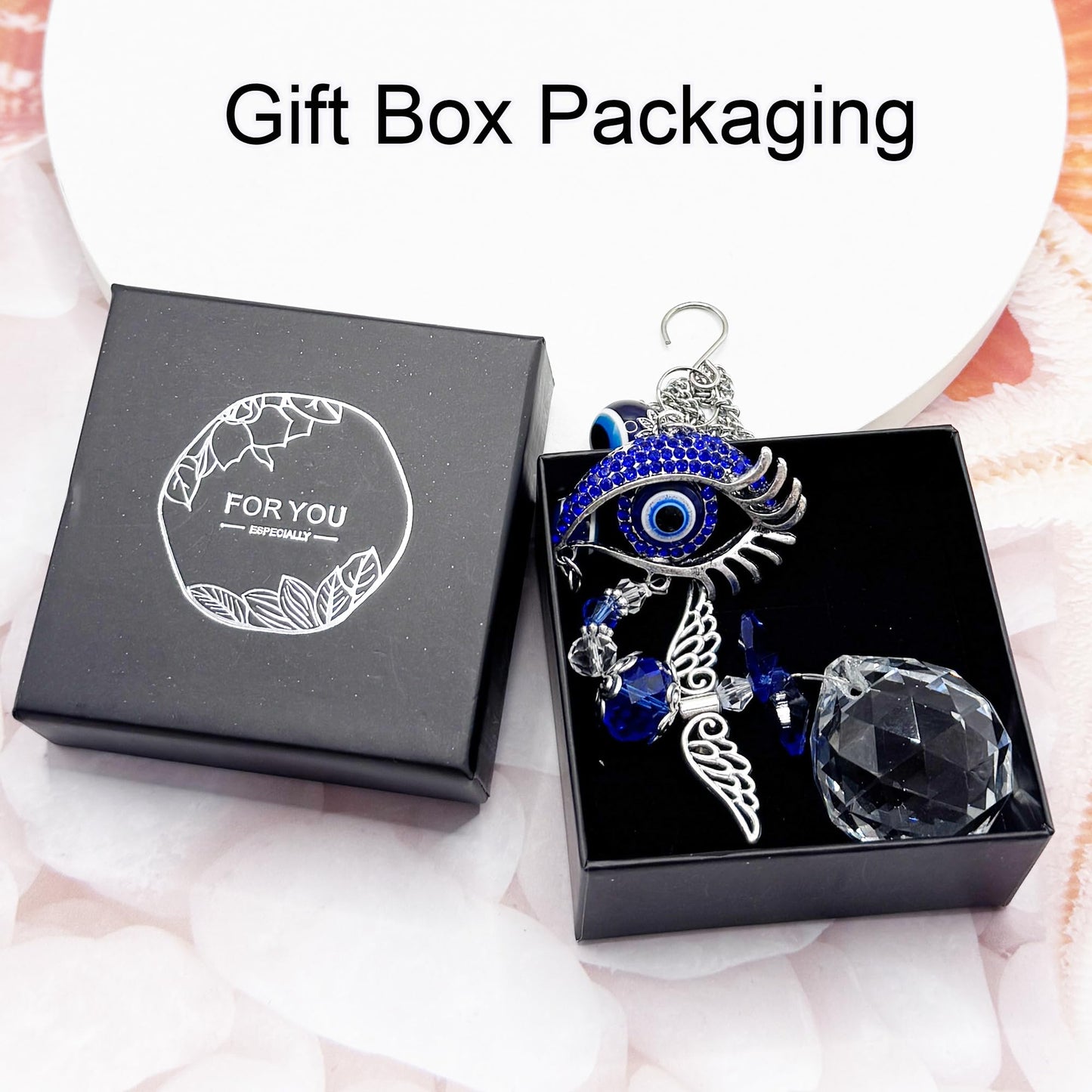 Crystal Suncatcher for Windows - Hanging Prism Sun Catchers with Crystal Balls&Blue Eye, Rainbow Maker for Home、 Garden、Car Decor (Evil Eye)