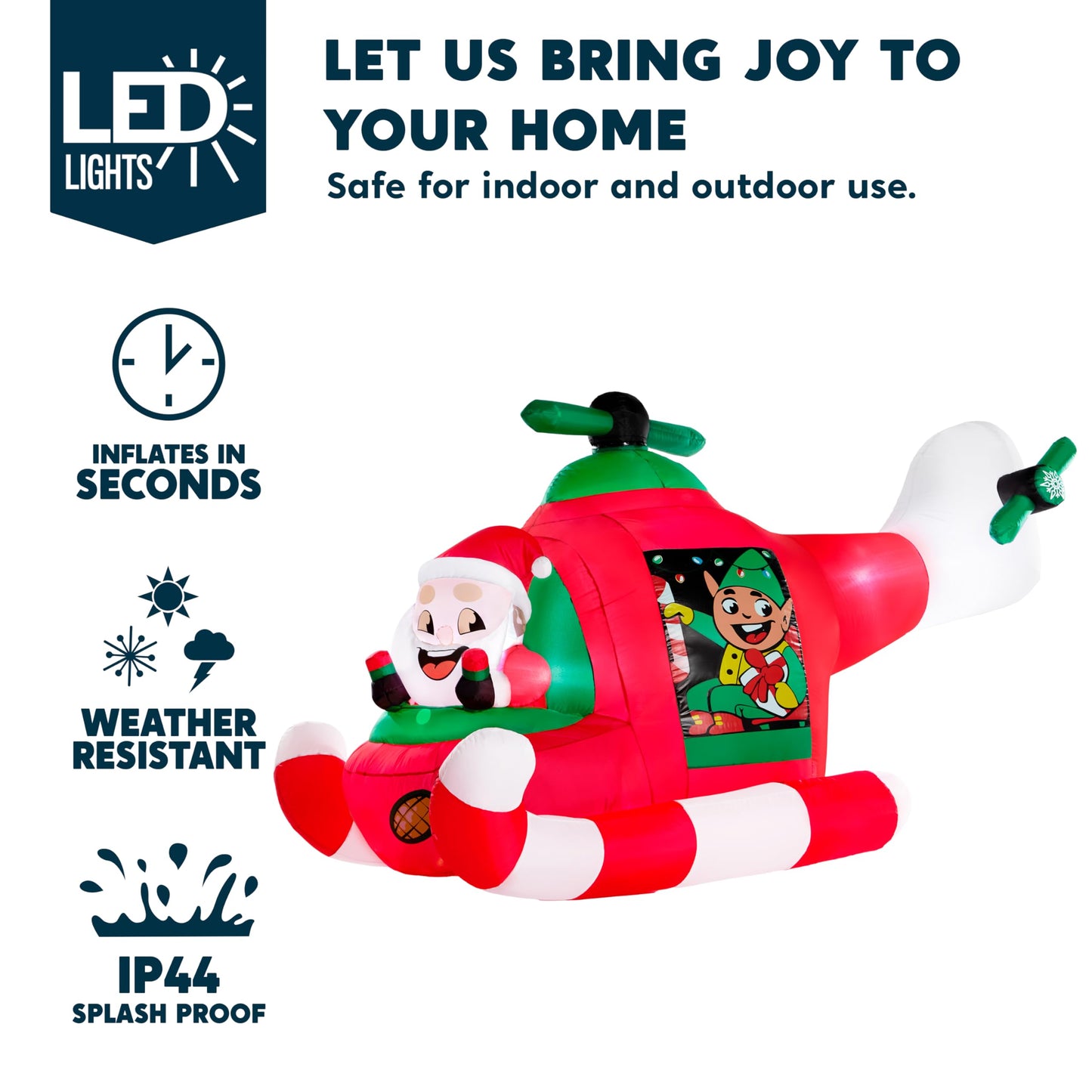 JOIEDOMI 7 FT Long Christmas Inflatable Santa Elf on Animated Helicopter, Blow Up Santa Inflatable on Flying Airplane with Rotating Propeller Yard Decor with LED for Xmas Party Garden Lawn Decor