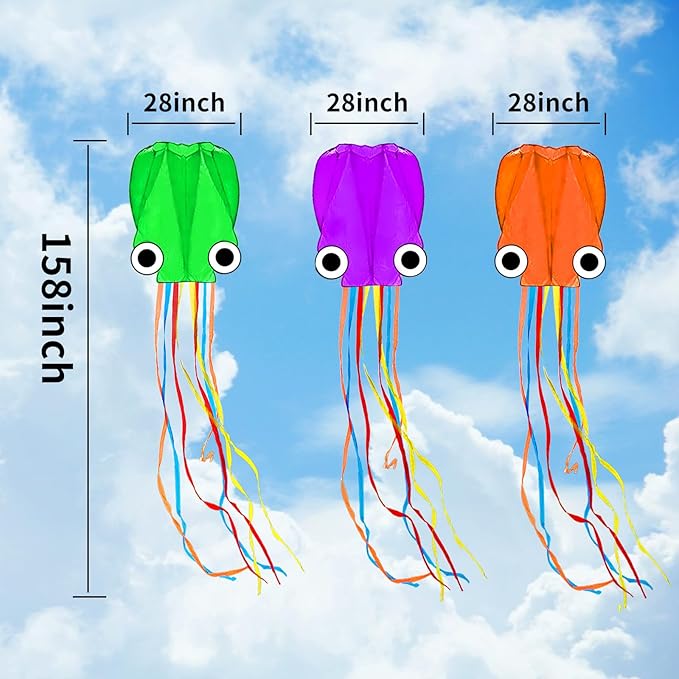 Octopus Kites for Kids & Adults Easy to Fly, 24”x 158” Large Soft Kite Kit for Boys and Girls, Single Line 3D Beach Kite Set for Teens,Perfect for Outdoor Activities